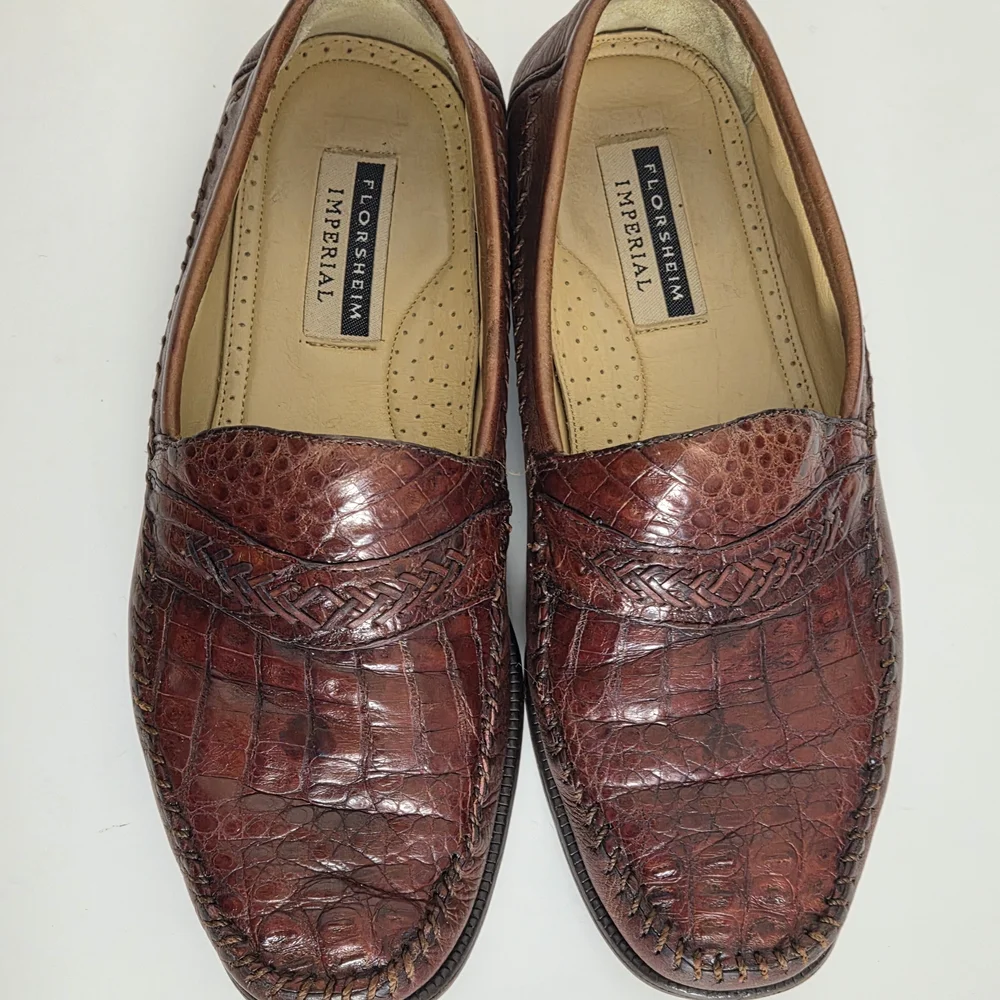 Genuine Caiman Alligator Imperial Loafers Brown Florsheim Imperial Mens Sz 38D